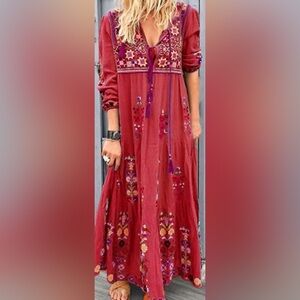 Casual Red Tiered Sundress with Bishop Sleeves